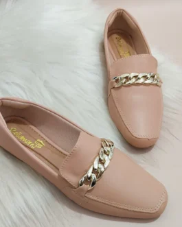 Mocassim Feminino Confort Bico Quadrado Corrente