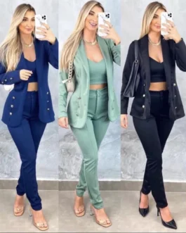 Conjunto 3 Peças Feminino Max Blazer, Calça e Cropped em Neoprene Premium