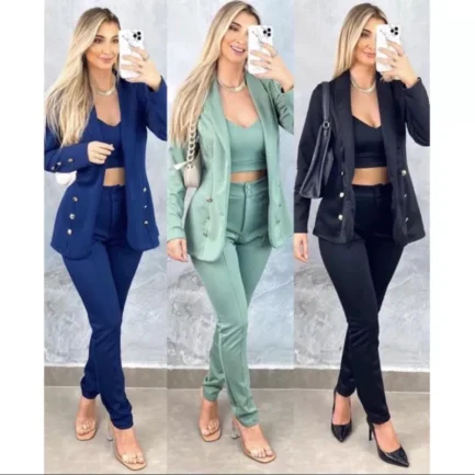 Conjunto 3 Peças Feminino Max Blazer, Calça e Cropped em Neoprene Premium - Image 2
