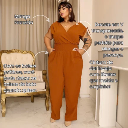 Macacão Longo Plus Size Transpassado Elastex Tamanho Grande - Image 3