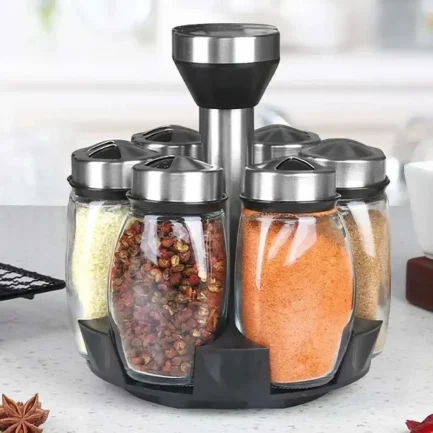 Porta Tempero Condimentos Giratório Inox 06 potes Organizador Moderno Cozinha