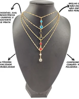 Colar Feminino Semijoia Corrente Veneziana Fina Com Pingente + Pulseira + Conjunto De Brincos