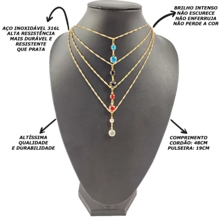 Colar Feminino Semijoia Corrente Veneziana Fina Com Pingente + Pulseira + Conjunto De Brincos - Image 2