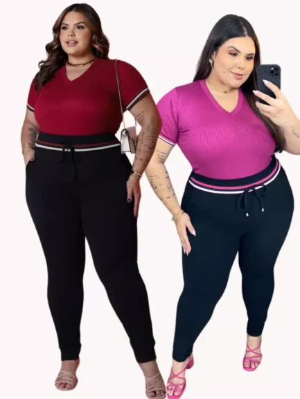Kit Conjunto Calça e Blusa Gola V Feminino plus Size