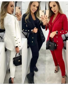 Conjunto 3 Peças Feminino Max Blazer, Calça e Cropped em Neoprene Premium