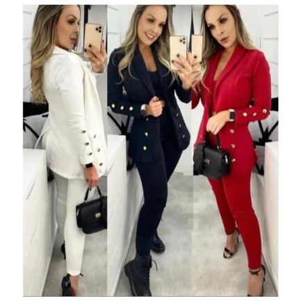 Conjunto 3 Peças Feminino Max Blazer, Calça e Cropped em Neoprene Premium